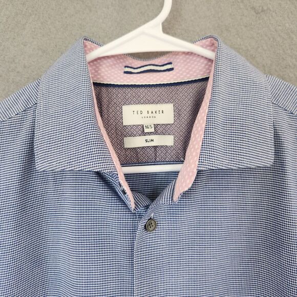Ted Baker London Shirt Mens 16.5 Slim Blue Houndstooth Button Up L/S Flip Cuff - Picture 1 of 12